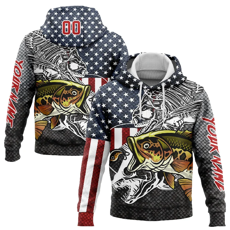 Custom Stitched Navy Red-Steel Gray 3D American Flag And Striped Bass Fish Fishing Sports Pullover Sweatshirt Hoodie