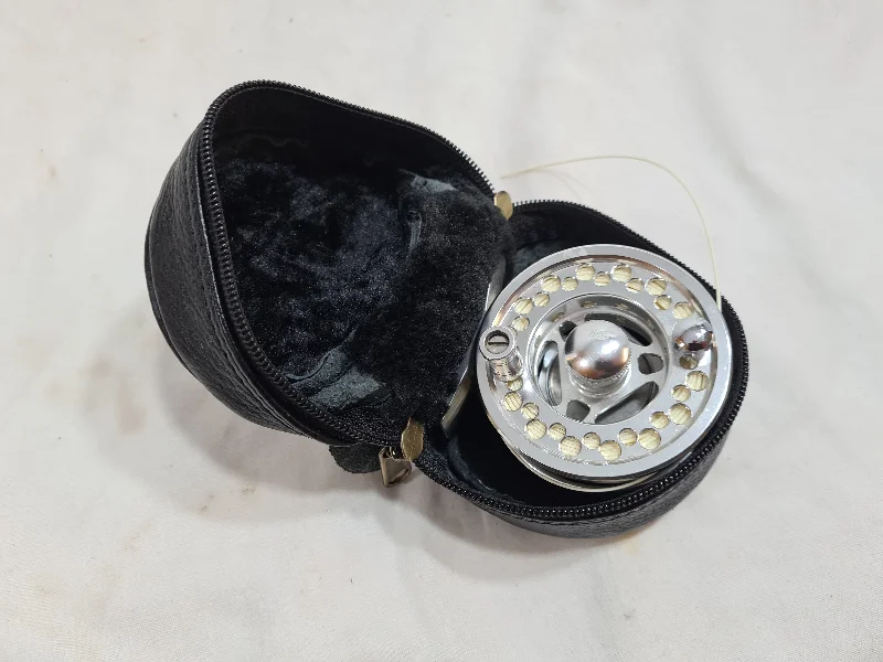 FLY REEL, ALLOY LARGE ARBOR LOADED WITH  FLY LINE IN LEATHER REEL CASE