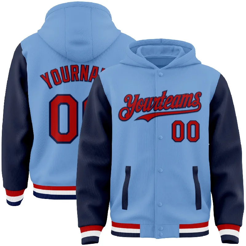 Custom Light Blue Red-Navy Bomber Full-Snap Varsity Letterman Two Tone Hoodie Jacket