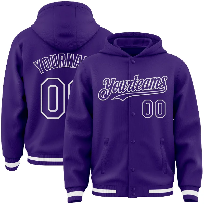 Custom Purple White Bomber Full-Snap Varsity Letterman Hoodie Jacket