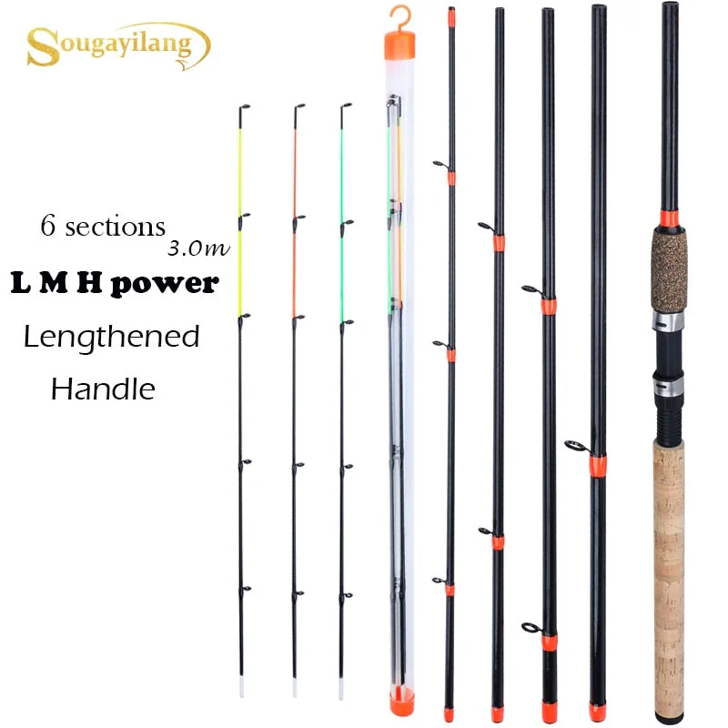 Sougayilang New Feeder Fishing Rod Lengthened Handle6 Sections Fishing Rod L M H Power Carbon Fiber Travel Rod Fishing Tackle