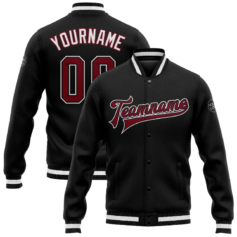 Custom Black Crimson-White Bomber Full-Snap Varsity Letterman Jacket