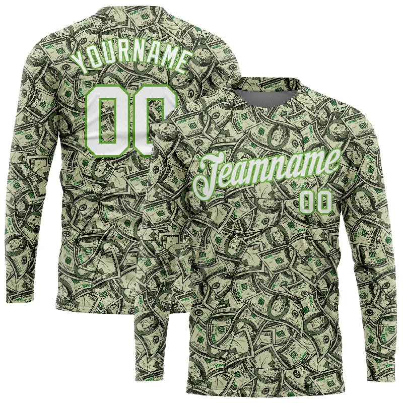 Custom Green White-Neon Green Dollar 3D Pattern Long Sleeve Performance T-Shirt