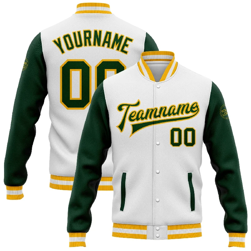 Custom White Green-Gold Bomber Full-Snap Varsity Letterman Two Tone Jacket