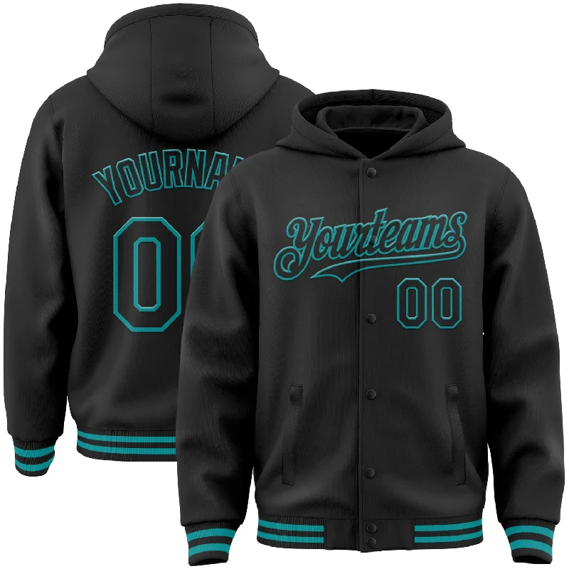 Custom Black Teal Bomber Full-Snap Varsity Letterman Hoodie Jacket