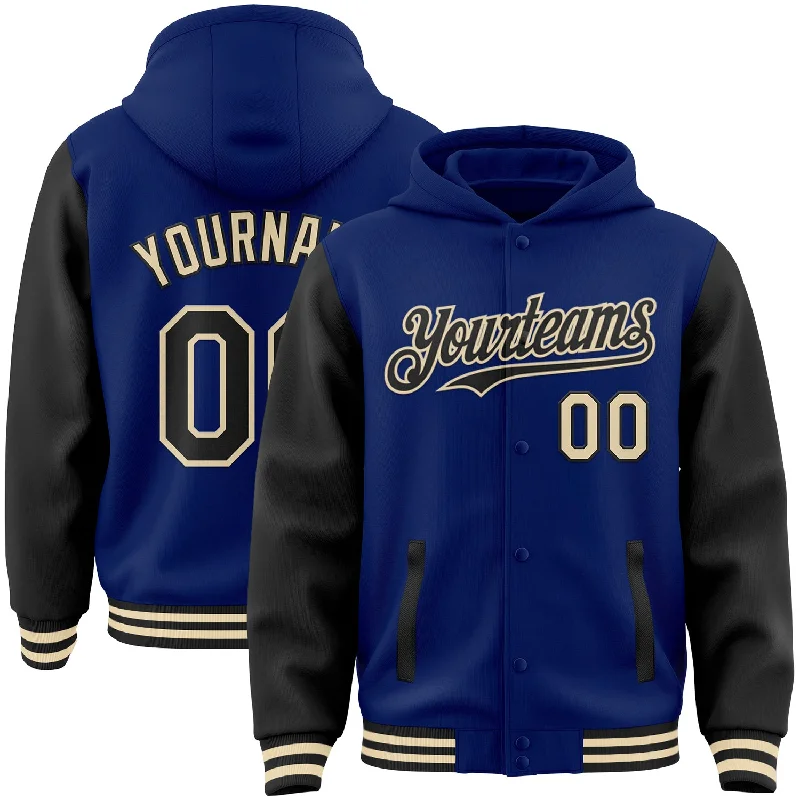 Custom Royal Black-Cream Bomber Full-Snap Varsity Letterman Two Tone Hoodie Jacket