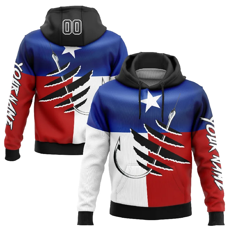 Custom Stitched Royal Black-Red 3D Texas Flag And Fish Hook Fishing Sports Pullover Sweatshirt Hoodie