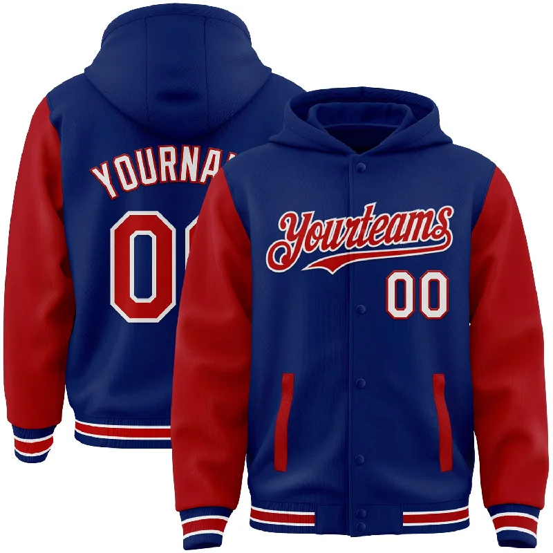 Custom Royal Red-White Bomber Full-Snap Varsity Letterman Two Tone Hoodie Jacket