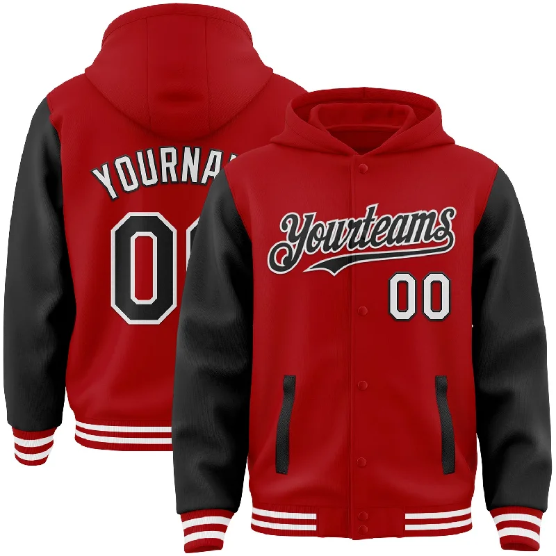 Custom Red Black-White Bomber Full-Snap Varsity Letterman Two Tone Hoodie Jacket