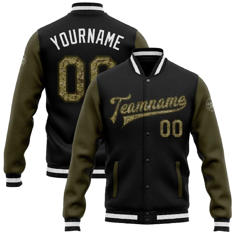 Custom Black Camo-Olive Bomber Full-Snap Varsity Letterman Two Tone Jacket