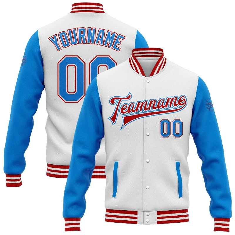 Custom White Powder Blue-Red Bomber Full-Snap Varsity Letterman Two Tone Jacket