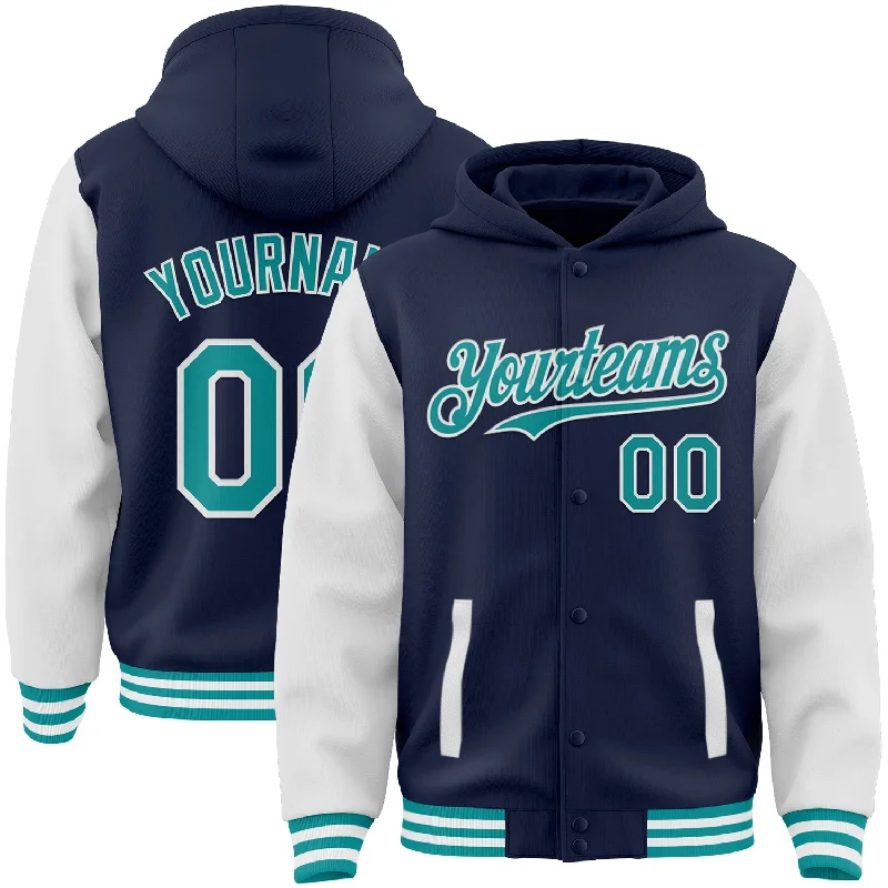 Custom Navy Teal-White Bomber Full-Snap Varsity Letterman Two Tone Hoodie Jacket