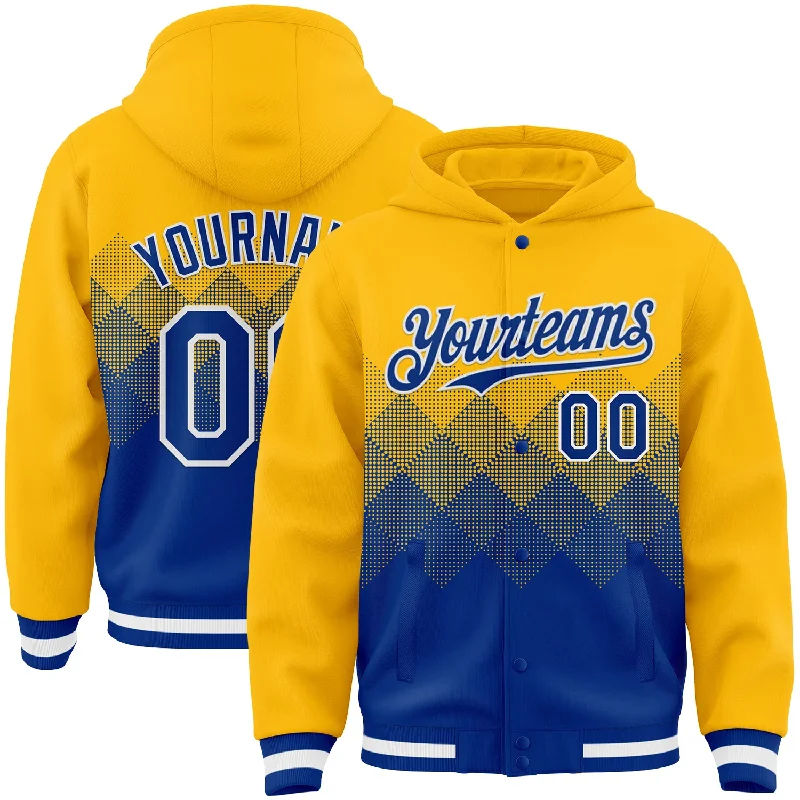 Custom Gold Royal-White Gradient Square Shape 3D Pattern Design Bomber Full-Snap Varsity Letterman Hoodie Jacket