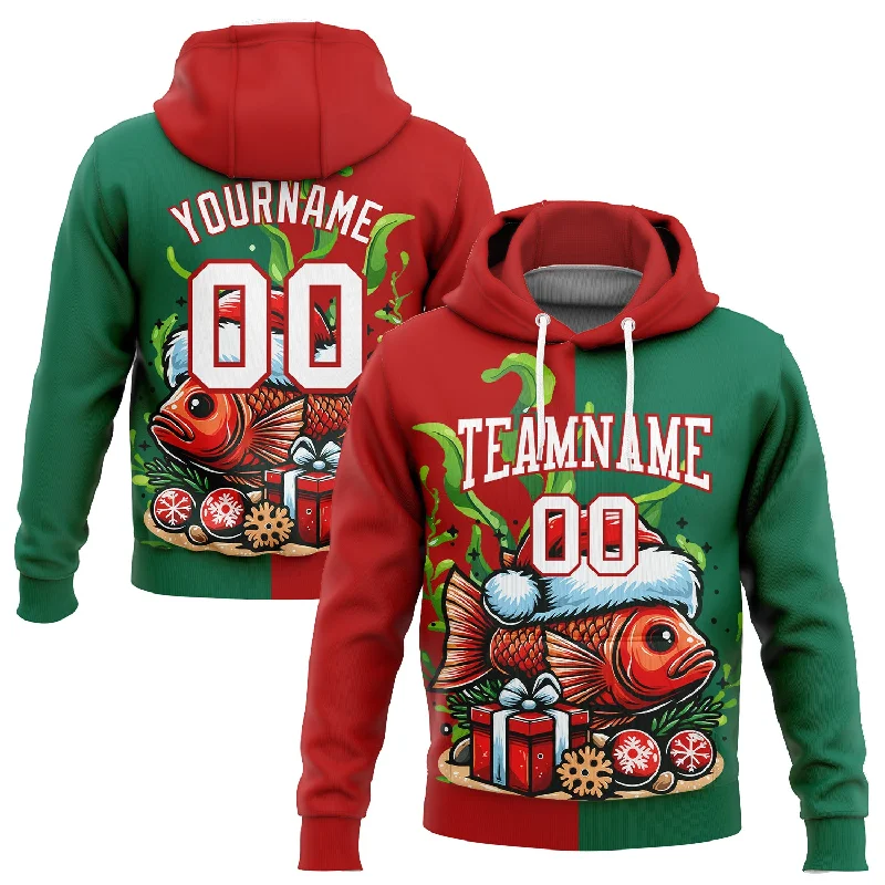 Custom Stitched Kelly Green White-Red 3D Christmas Carp Fish Fishing Sports Pullover Sweatshirt Hoodie