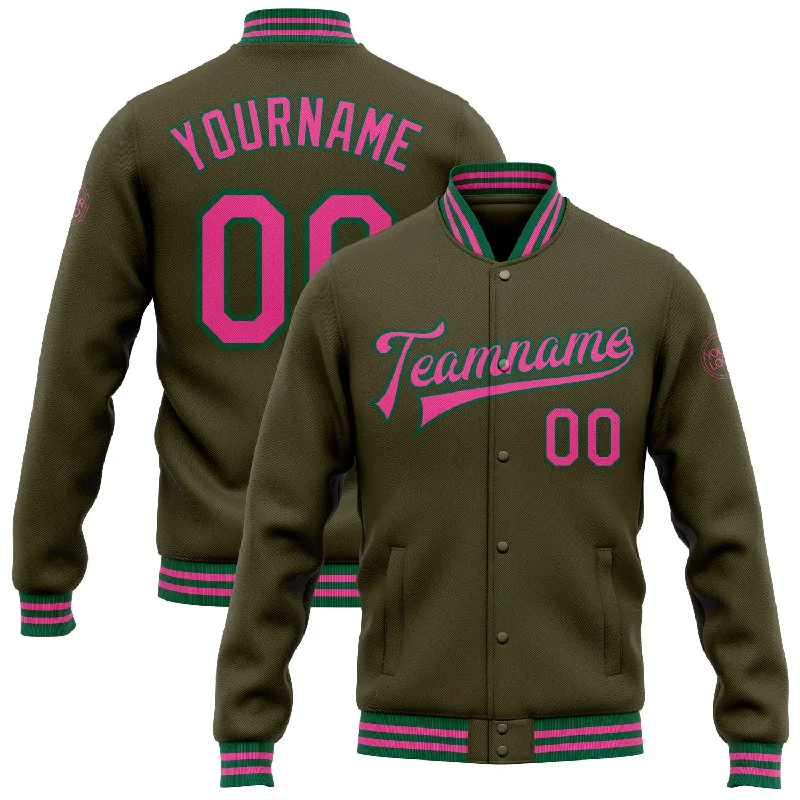 Custom Olive Pink-Kelly Green Bomber Full-Snap Varsity Letterman Salute To Service Jacket