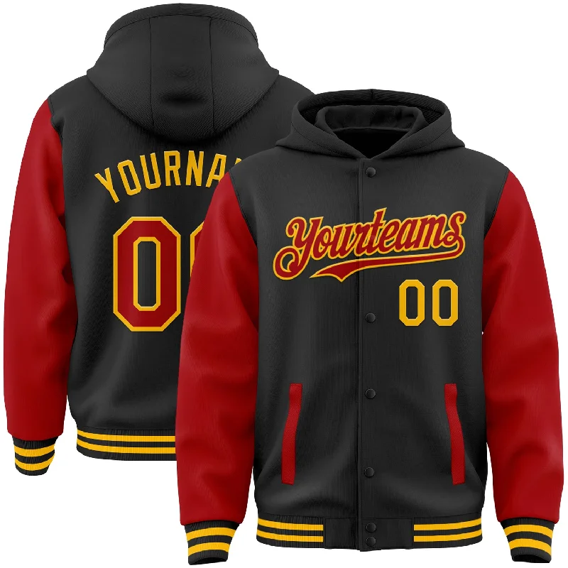 Custom Black Red-Gold Bomber Full-Snap Varsity Letterman Two Tone Hoodie Jacket