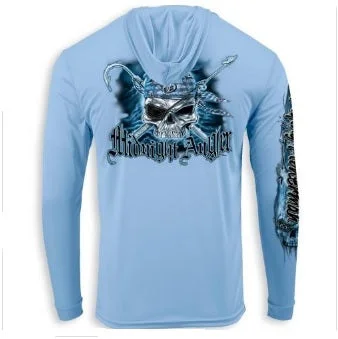 Flying Fisherman Performance Hoodie Pirate Skull Blue Mist Medium