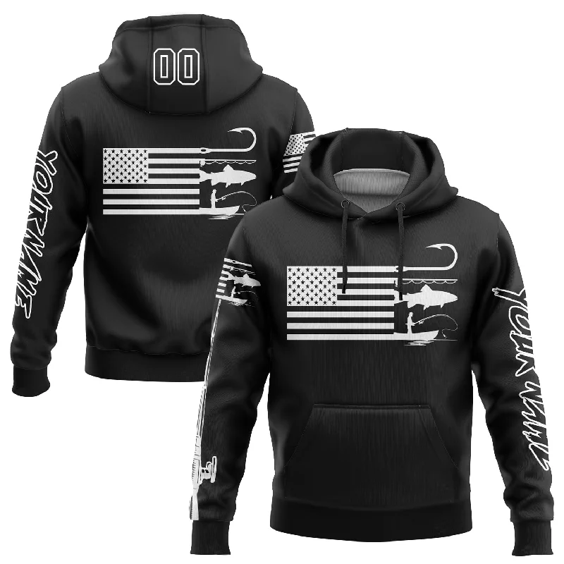 Custom Stitched Black White 3D American Flag And Fish Hook Fishing Sports Pullover Sweatshirt Hoodie